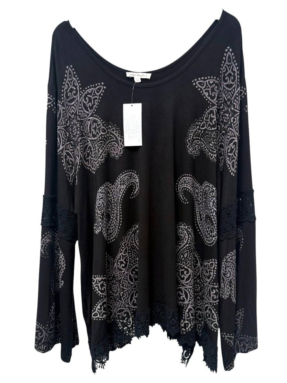 Indigo Thread Womens Tunic Top Plus Size 3X Black Boho Print Crochet Tee NWT